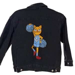 Mini Rodini Kids Black Denim Jacket Cheerleader Cat Embroidered Patch Trucker